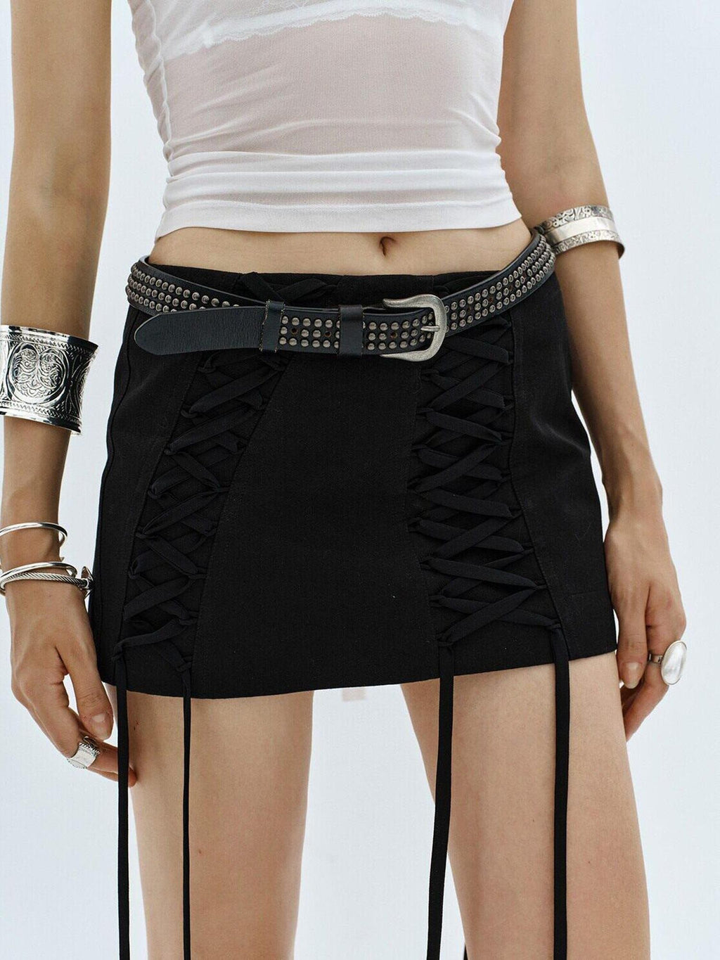ENDO PER SE Punk Lace Up Low Waist Bodycon Women's Cotton Plain Weave Mini Skirts