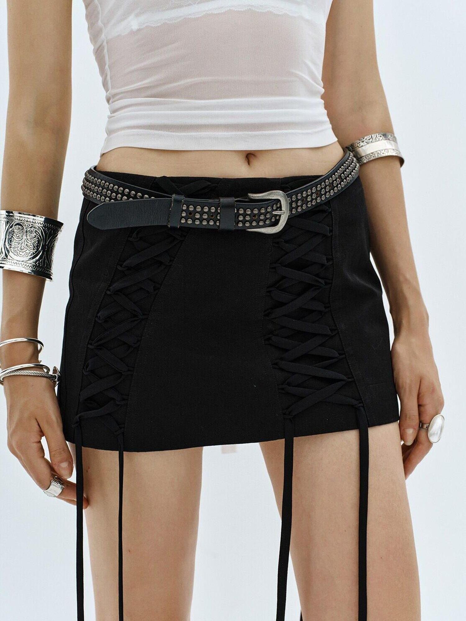 ENDO PER SE Punk Lace Up Low Waist Bodycon Women's Cotton Plain Weave Mini Skirts