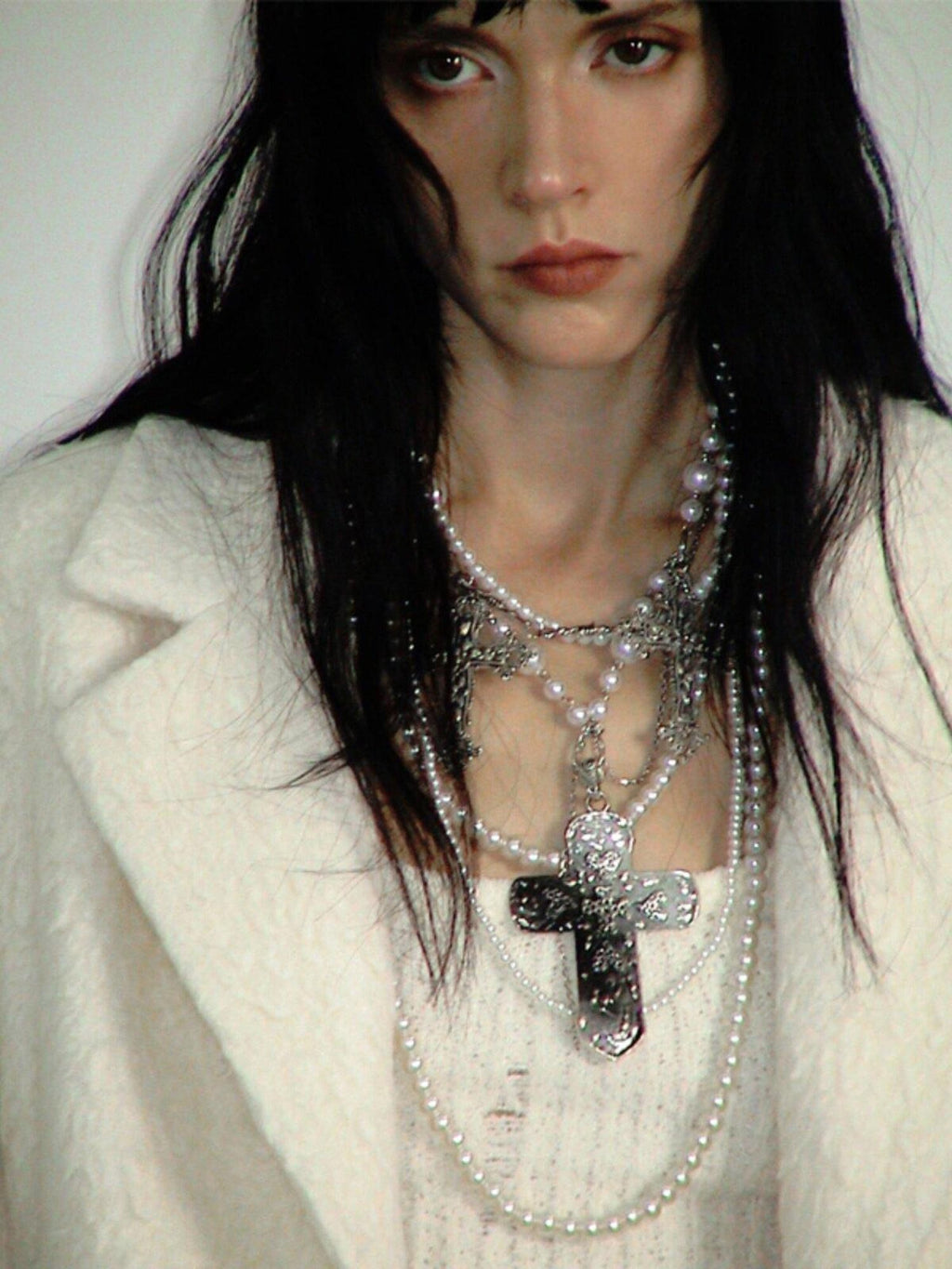 ENDO PER SE Punk Retro Heavily Embellished Cross Pearl Women's Mixed Materials Necklaces