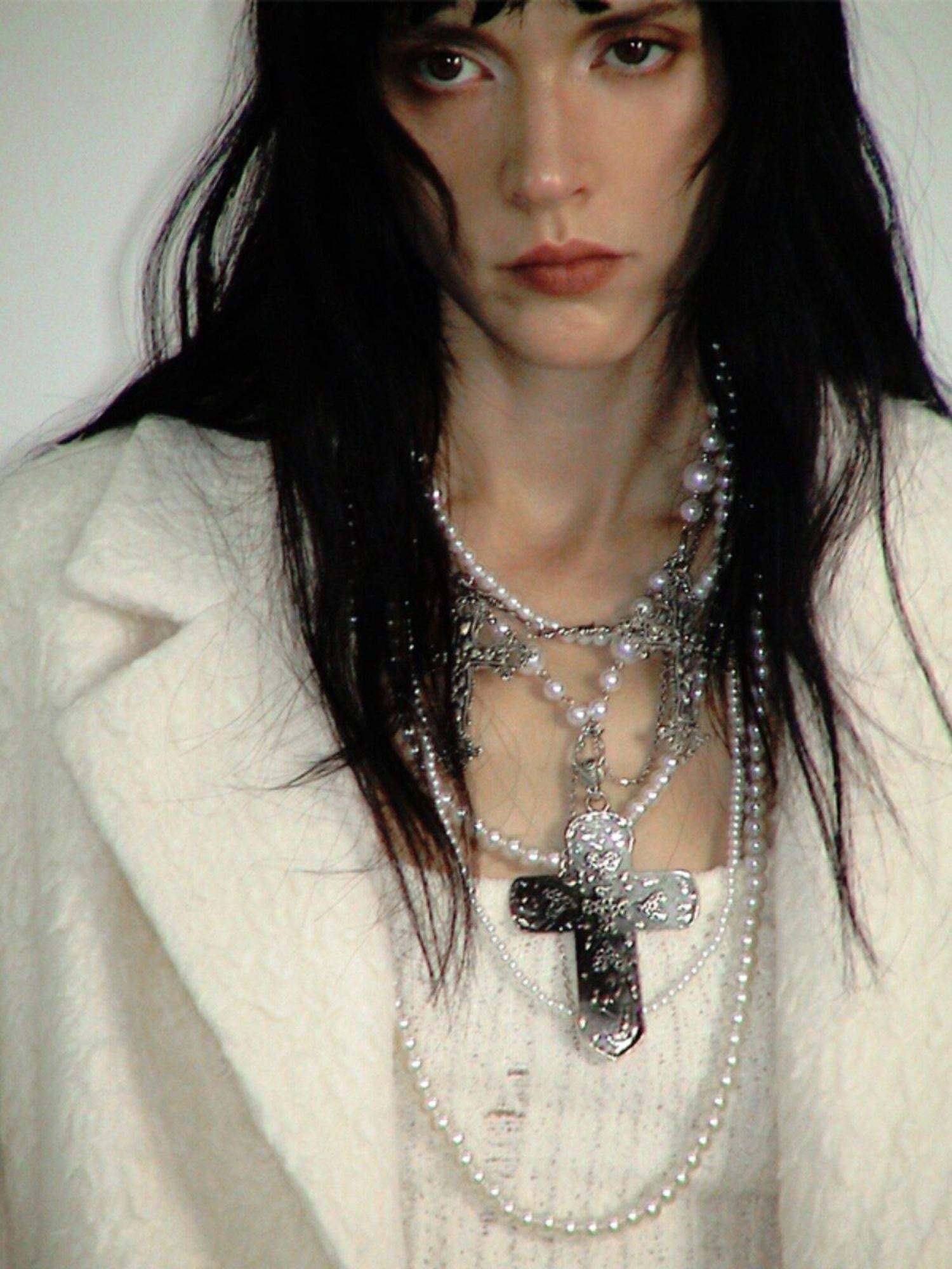 ENDO PER SE Punk Retro Heavily Embellished Cross Pearl Women's Mixed Materials Necklaces