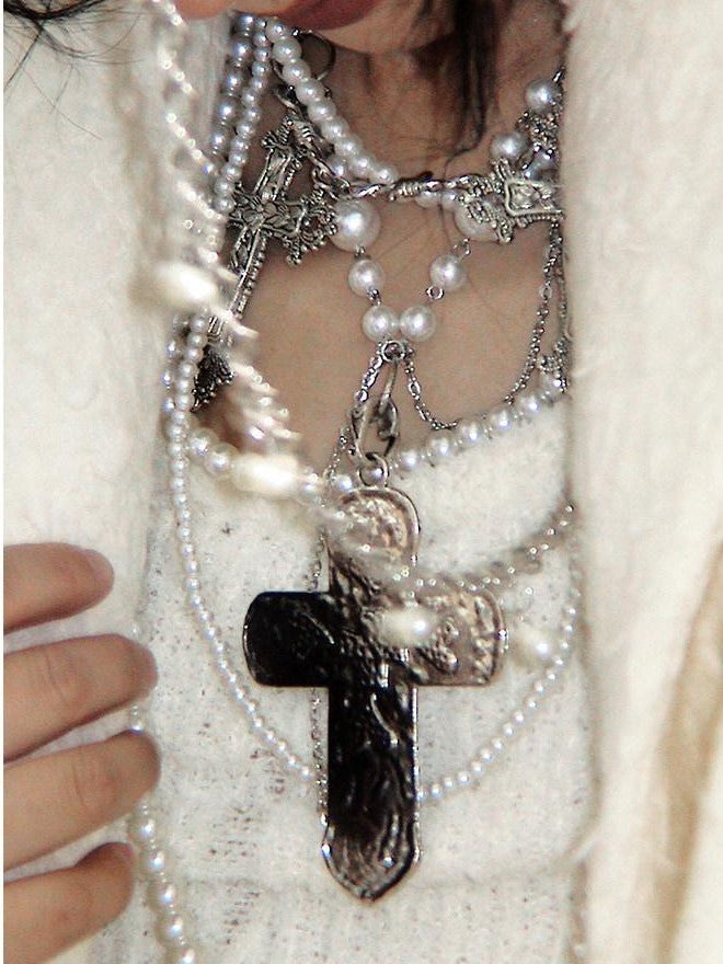 ENDO PER SE Punk Retro Heavily Embellished Cross Pearl Women's Mixed Materials Necklaces