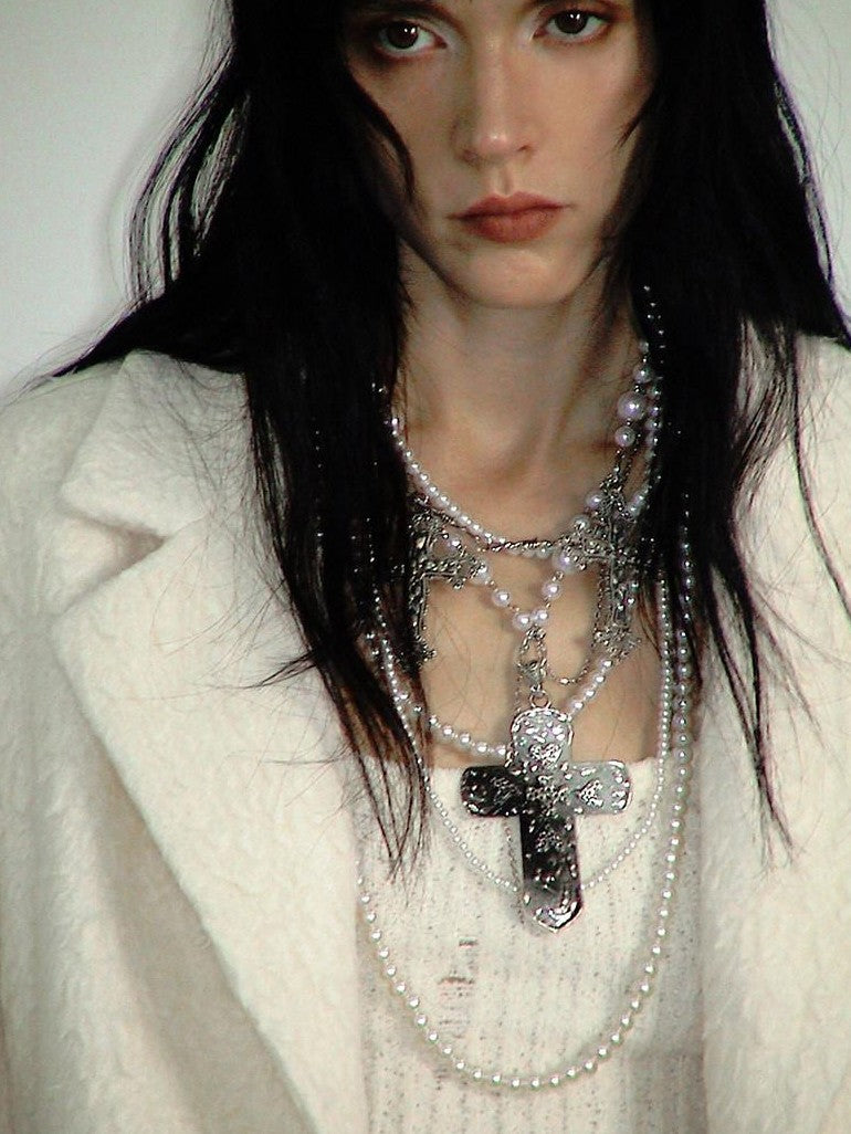 ENDO PER SE Punk Retro Heavily Embellished Cross Pearl Women's Mixed Materials Necklaces