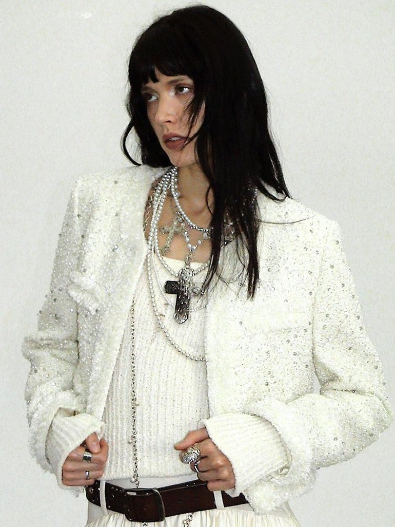 ENDO PER SE Punk Retro Heavily Embellished Cross Pearl Women's Mixed Materials Necklaces