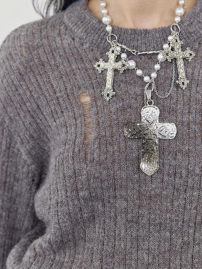 ENDO PER SE Punk Retro Heavily Embellished Cross Pearl Women's Mixed Materials Necklaces