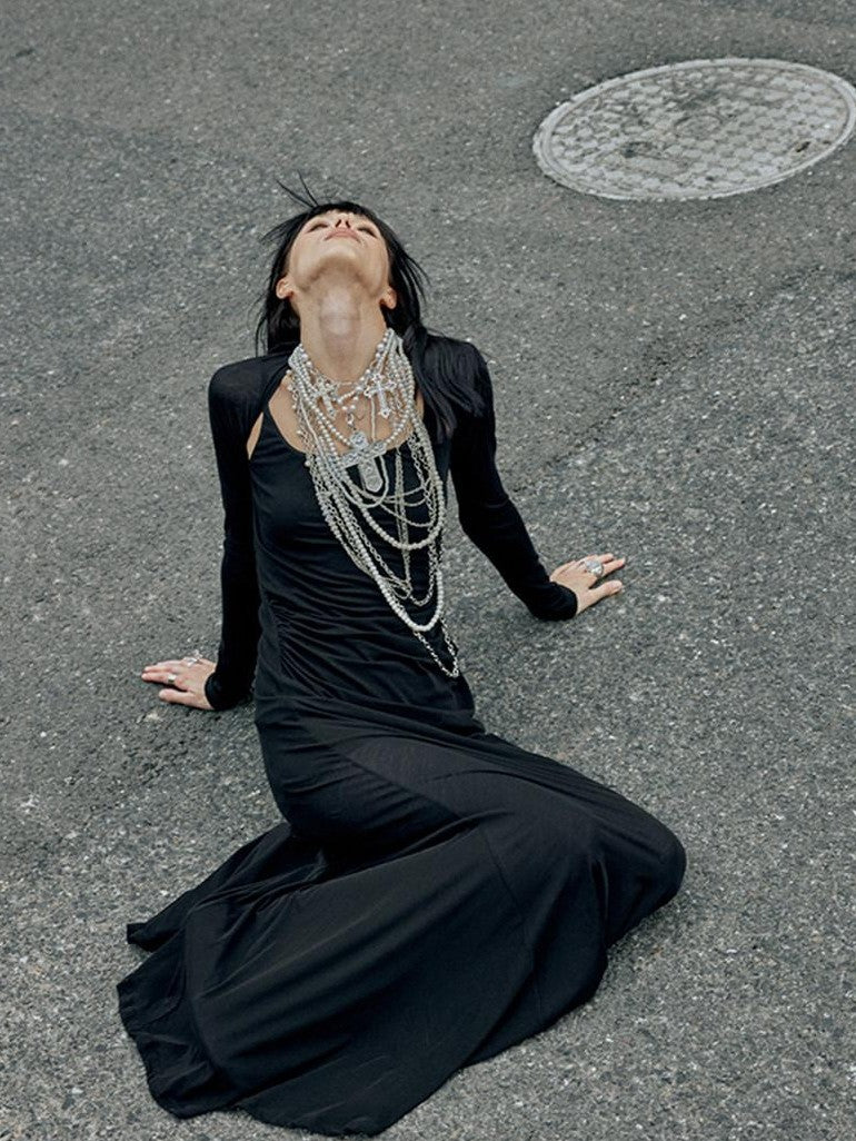 ENDO PER SE Punk Retro Heavily Embellished Cross Pearl Women's Mixed Materials Necklaces