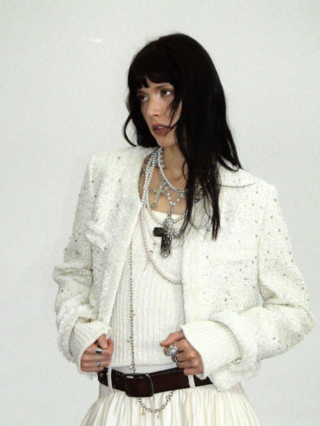 ENDO PER SE Punk Retro Heavily Embellished Cross Pearl Women's Mixed Materials Necklaces