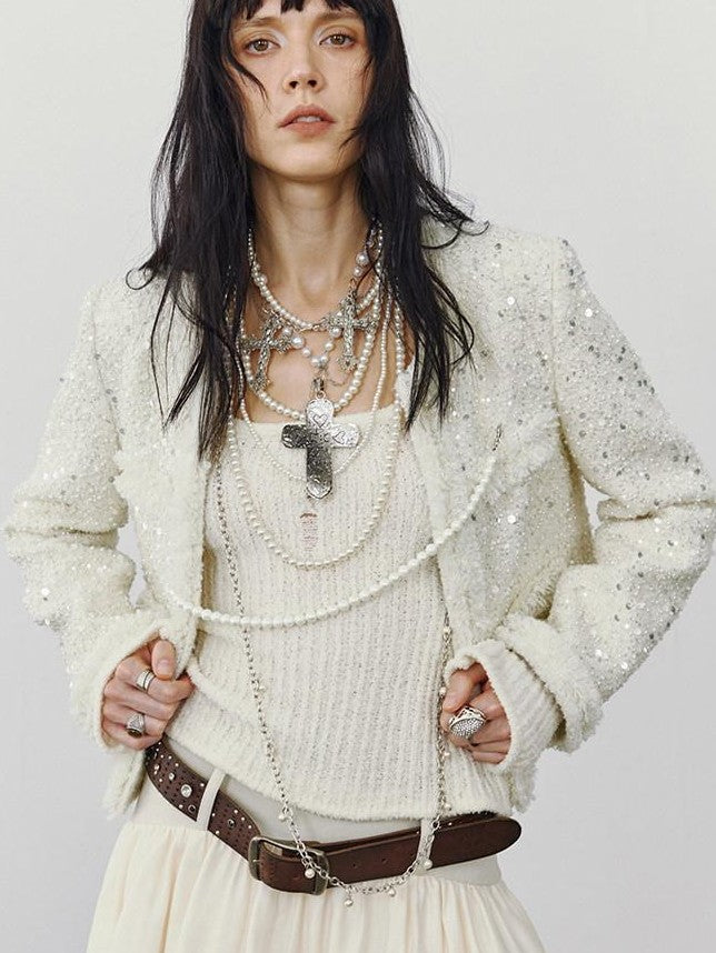 ENDO PER SE Punk Retro Heavily Embellished Cross Pearl Women's Mixed Materials Necklaces