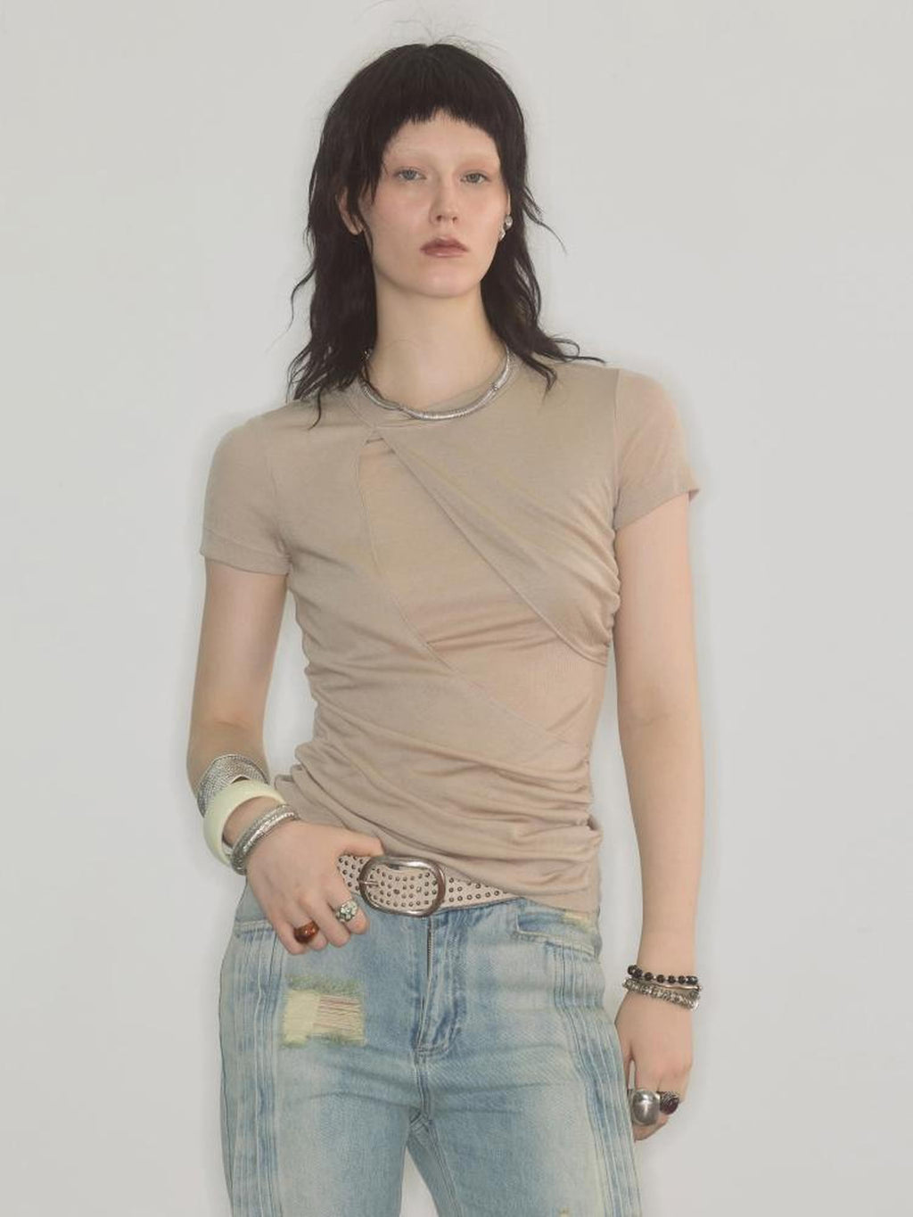 ENDO PER SE Ruched Draped Cross Print Solid Wool Women's Short Sleeve T-shirts