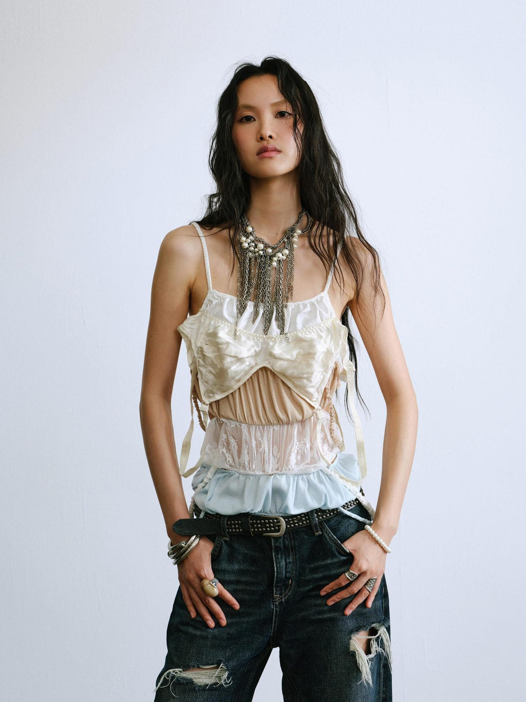 ENDO PER SE Ruched Embroidered Multi Tier Corset Lace Mesh Women's Camisoles