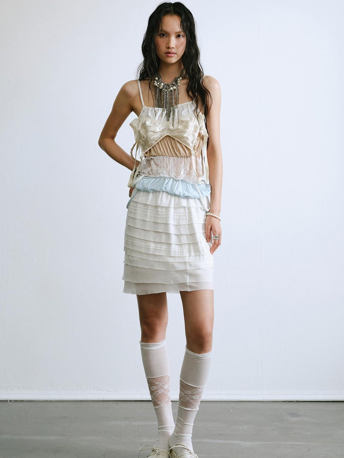 ENDO PER SE Ruched Embroidered Multi Tier Corset Lace Mesh Women's Camisoles