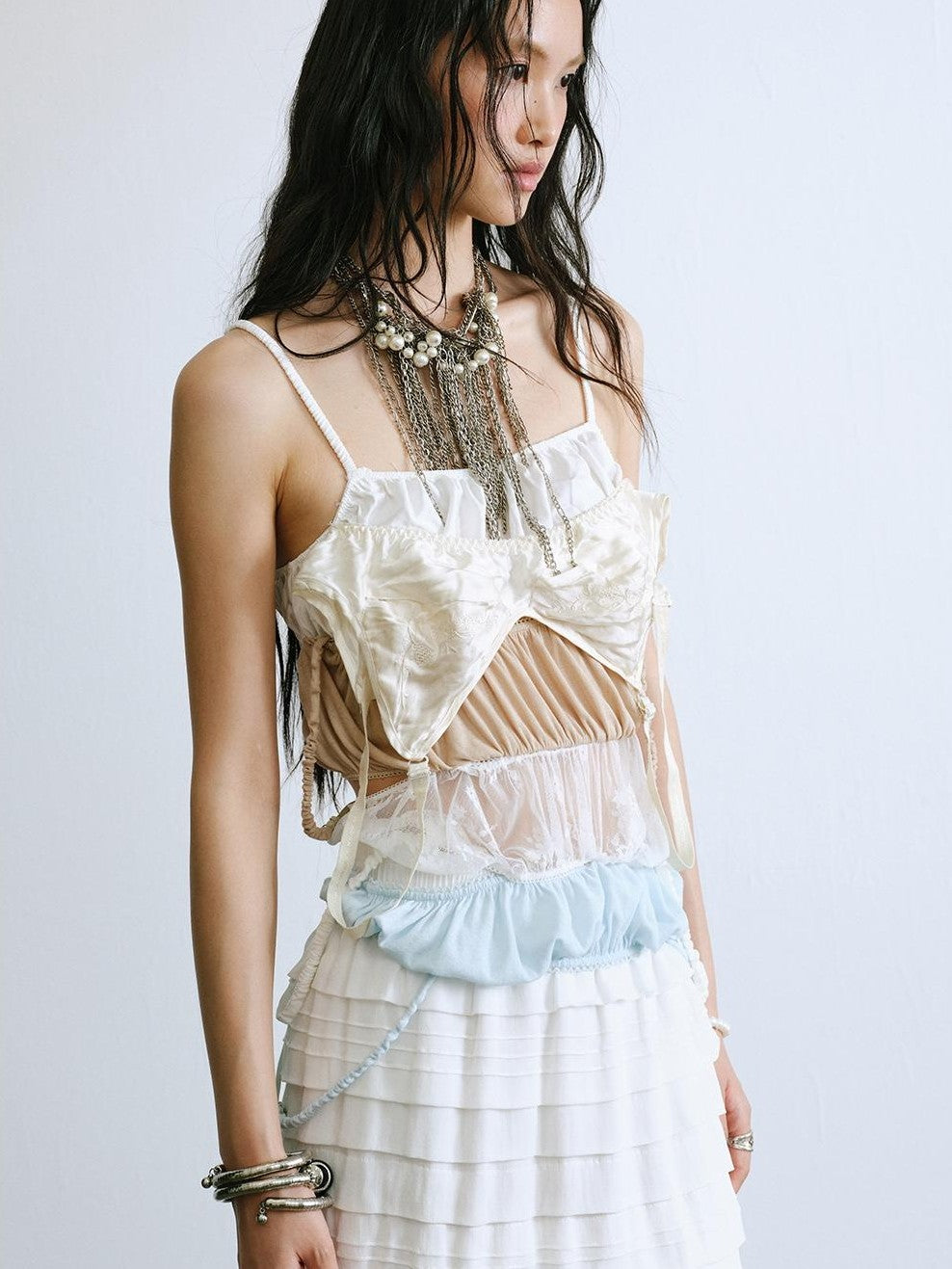 ENDO PER SE Ruched Embroidered Multi Tier Corset Lace Mesh Women's Camisoles