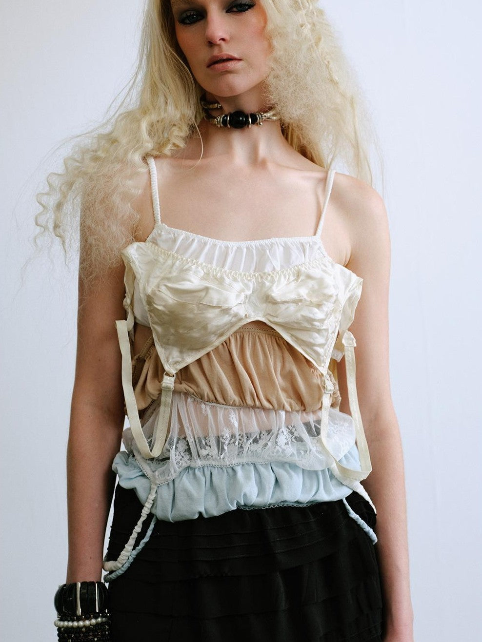 ENDO PER SE Ruched Embroidered Multi Tier Corset Lace Mesh Women's Camisoles