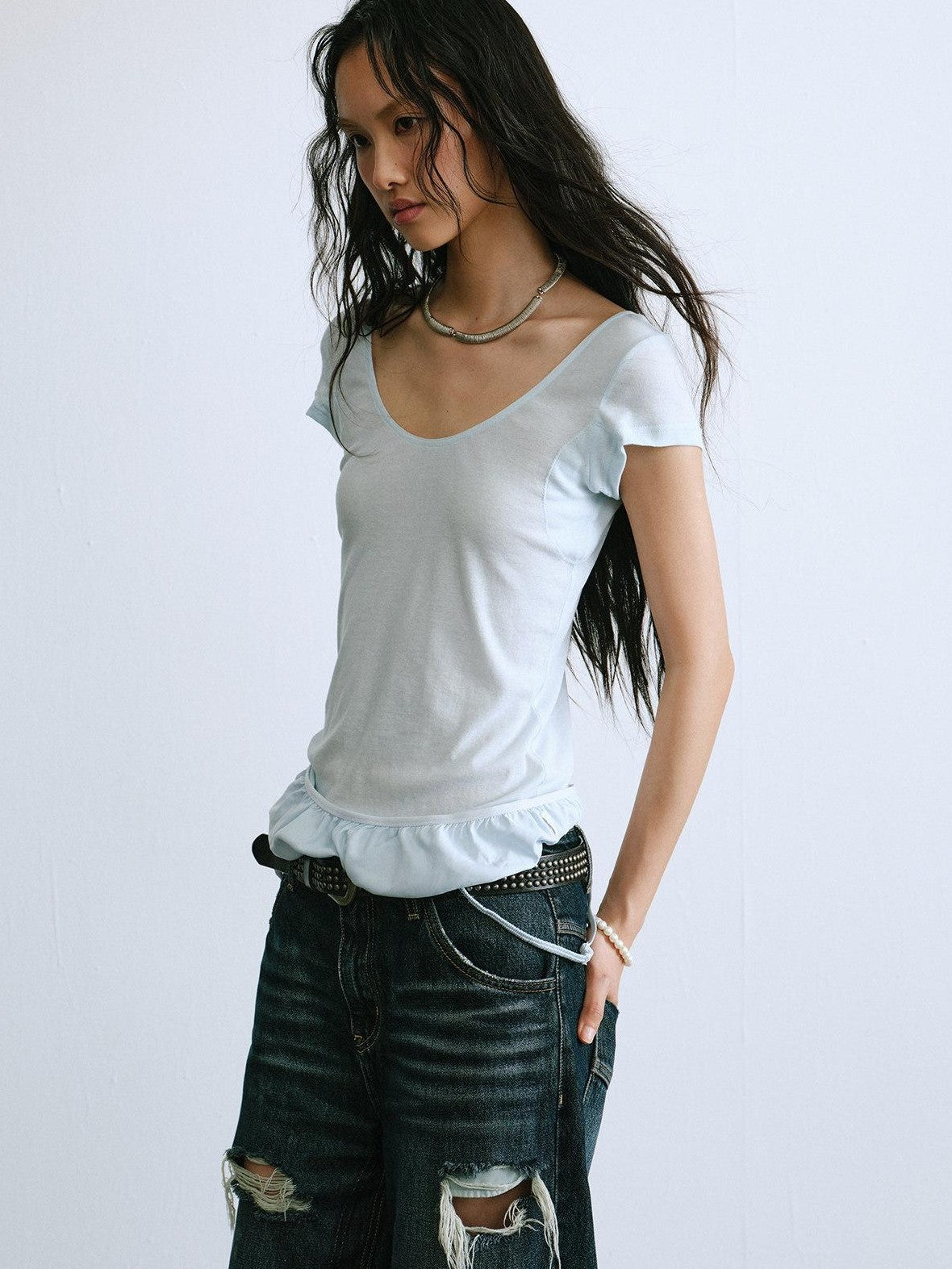 ENDO PER SE Ruched Hem Large U Neck Women's Washed Cotton Short Sleeve T-shirts