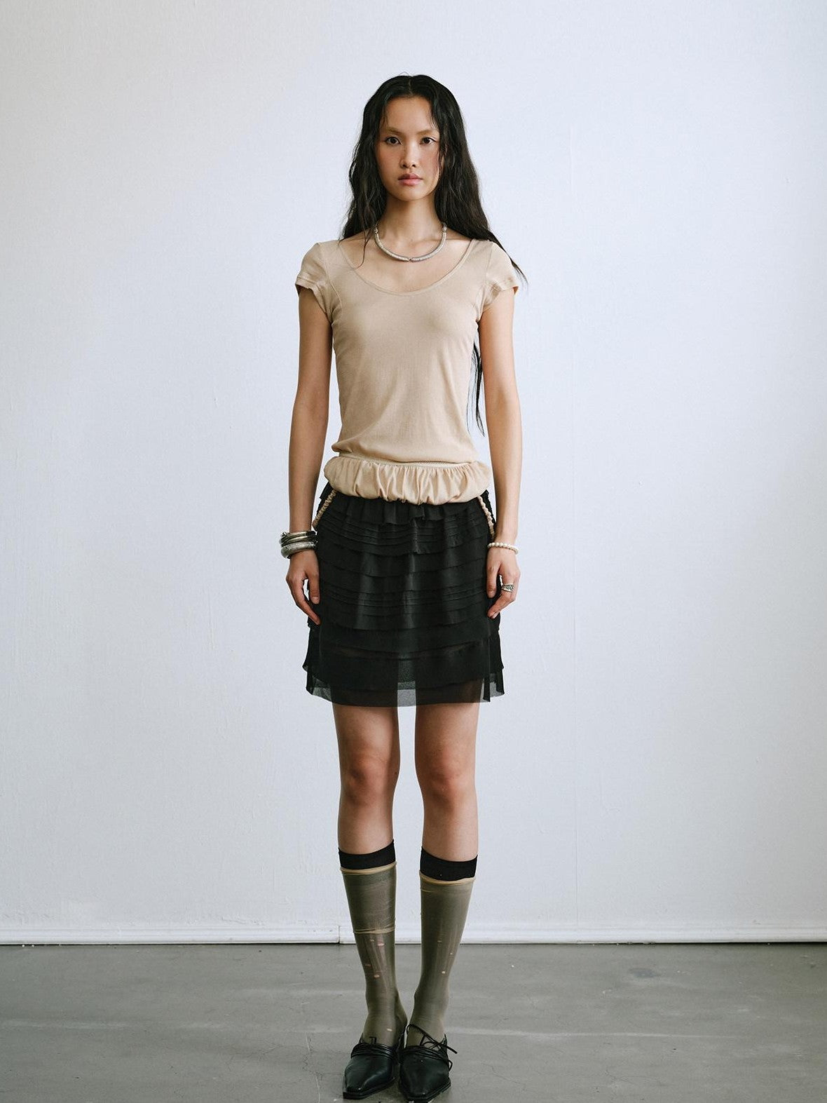 ENDO PER SE Ruched Hem Large U Neck Women's Washed Cotton Short Sleeve T-shirts