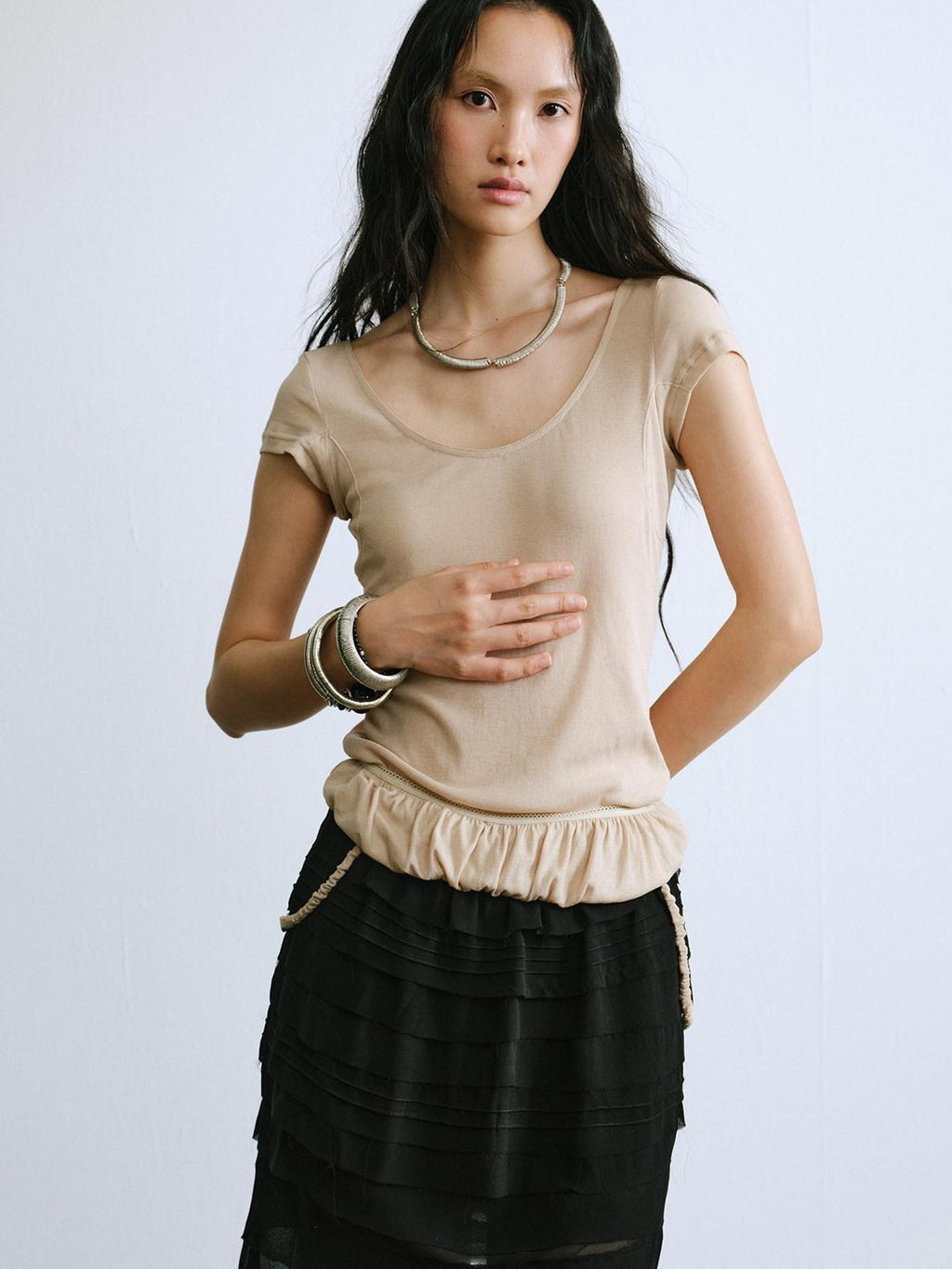 ENDO PER SE Ruched Hem Large U Neck Women's Washed Cotton Short Sleeve T-shirts