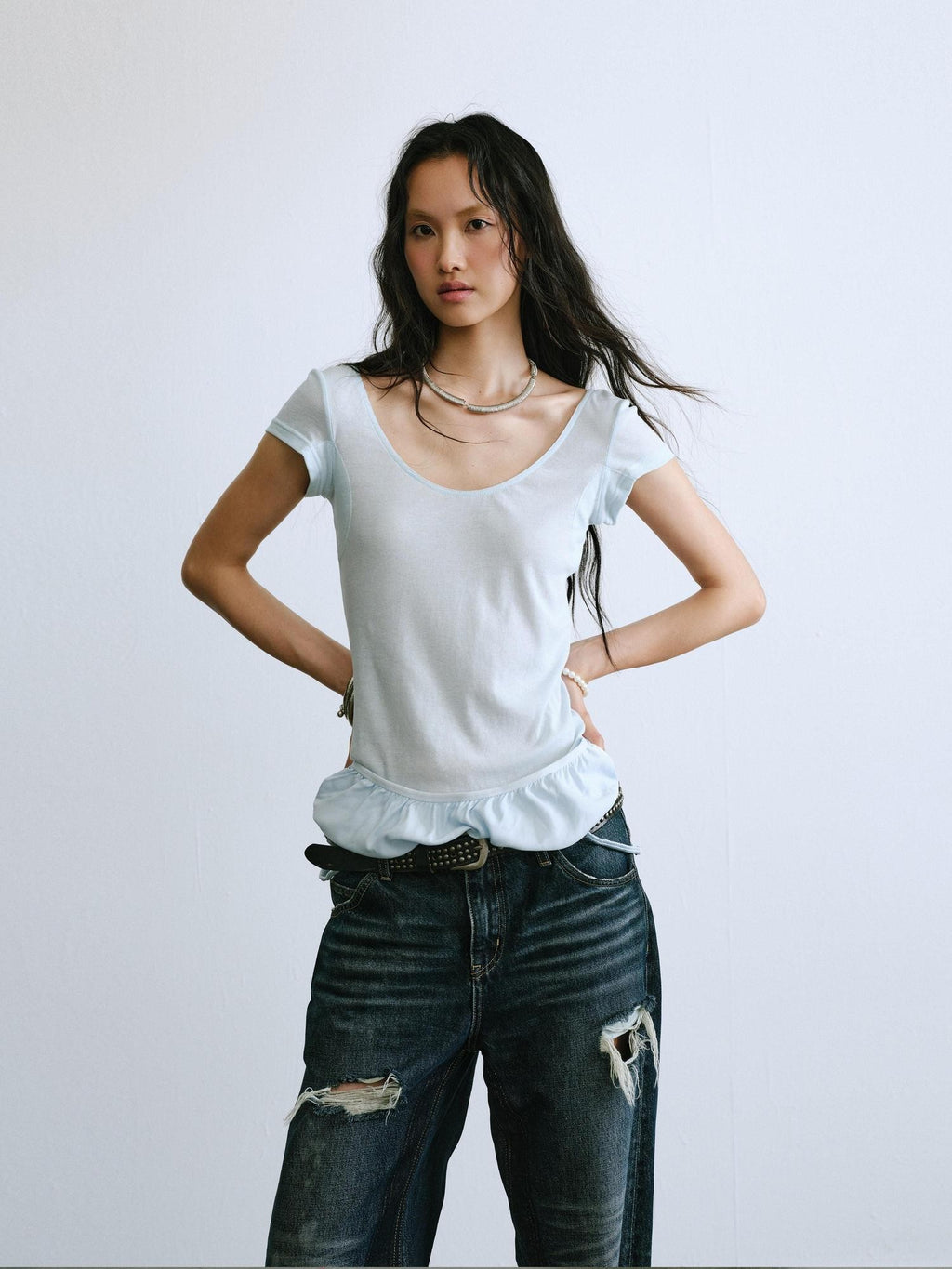 ENDO PER SE Ruched Hem Large U Neck Women's Washed Cotton Short Sleeve T-shirts