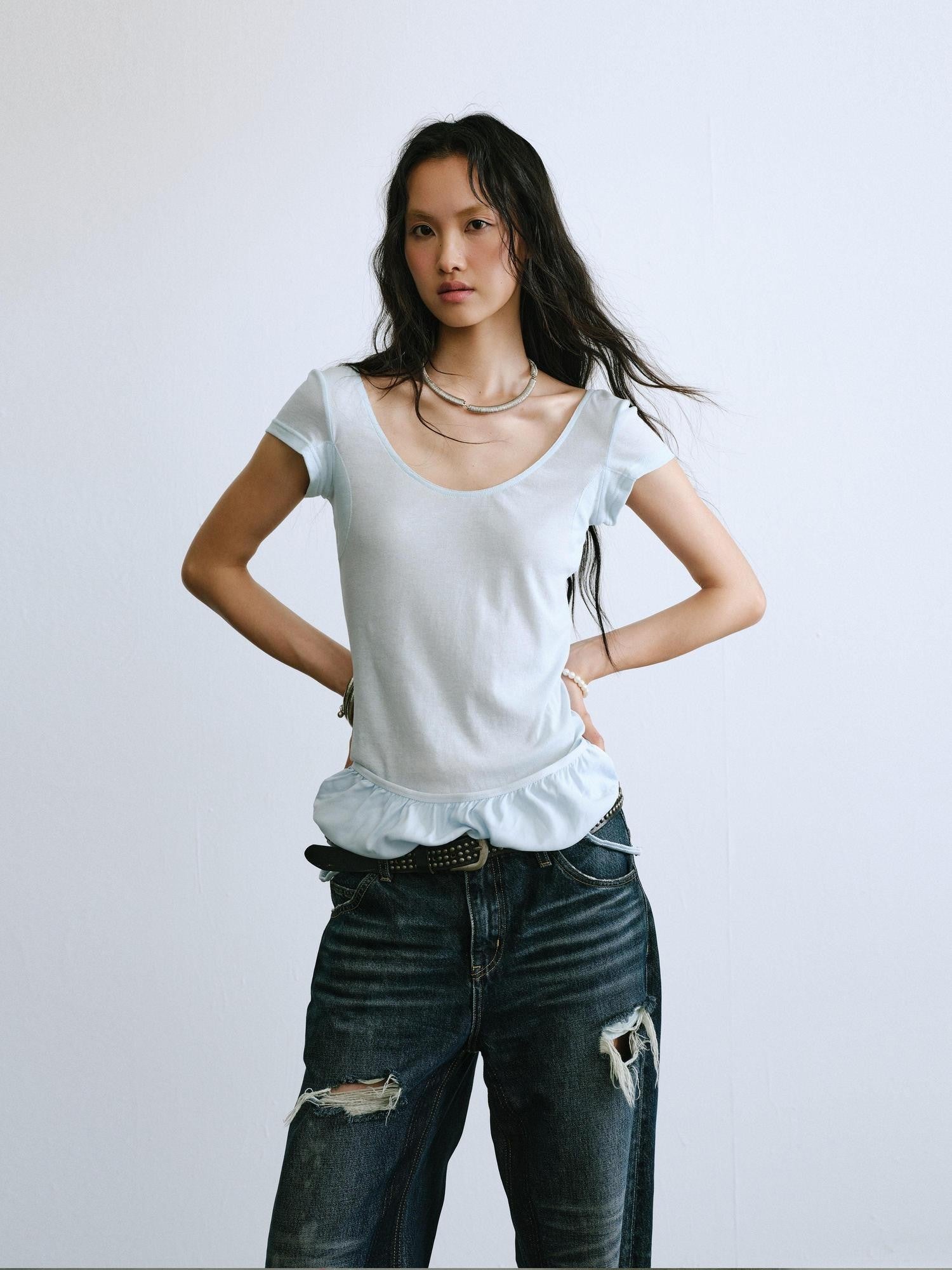 ENDO PER SE Ruched Hem Large U Neck Women's Washed Cotton Short Sleeve T-shirts