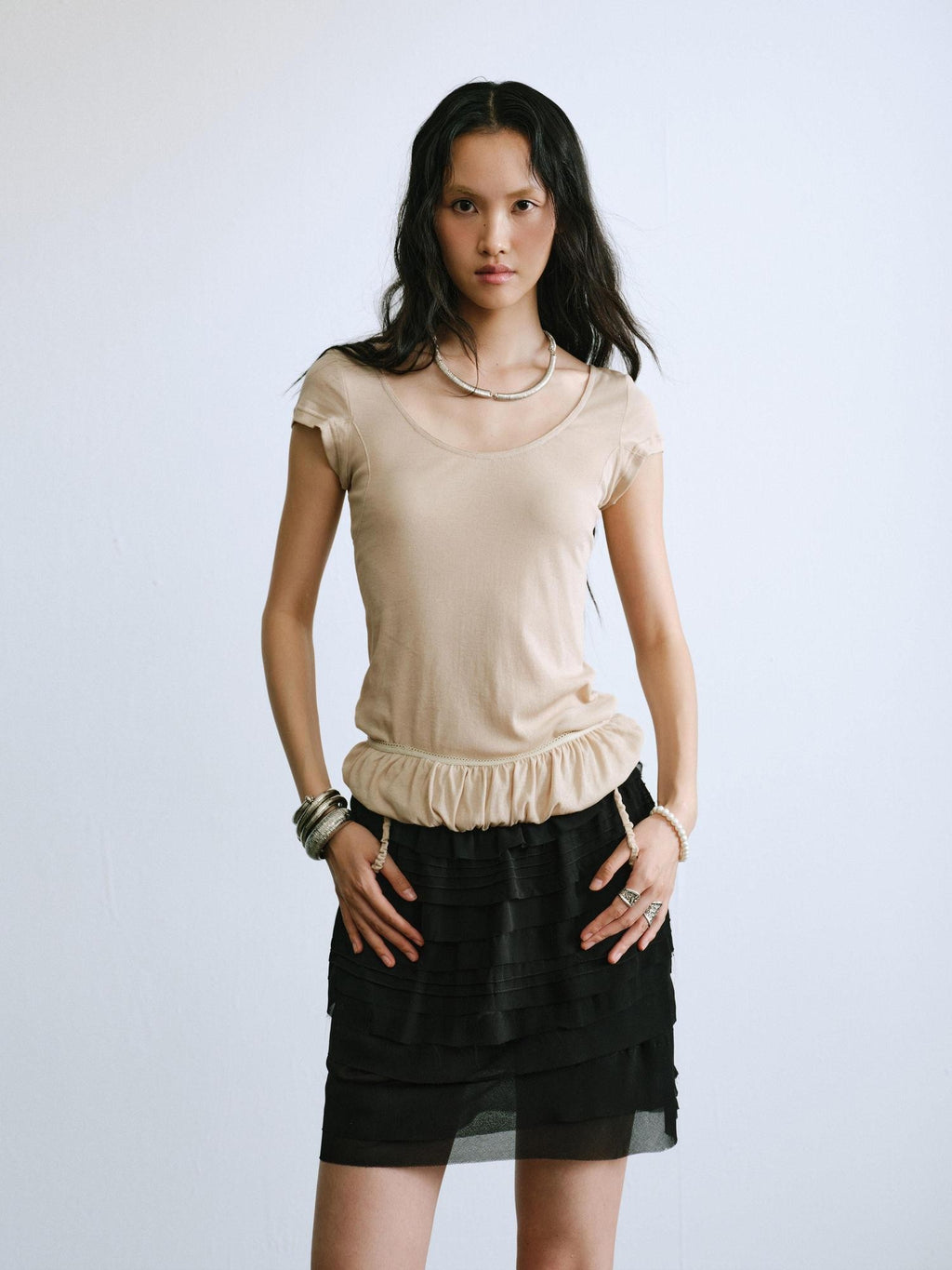 ENDO PER SE Ruched Hem Large U Neck Women's Washed Cotton Short Sleeve T-shirts