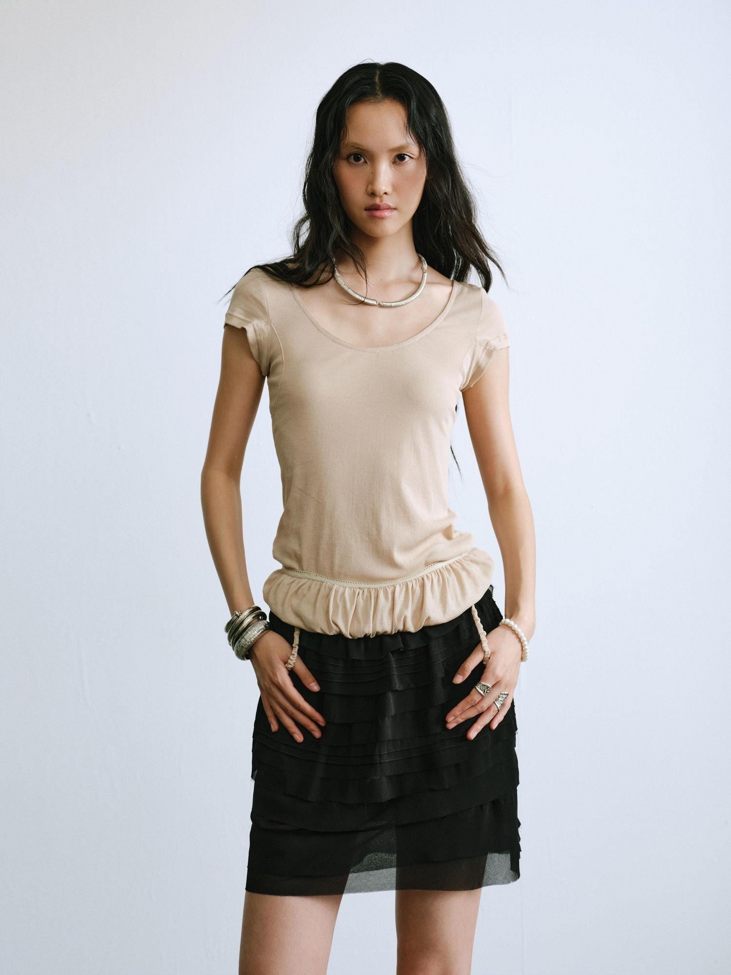 ENDO PER SE Ruched Hem Large U Neck Women's Washed Cotton Short Sleeve T-shirts