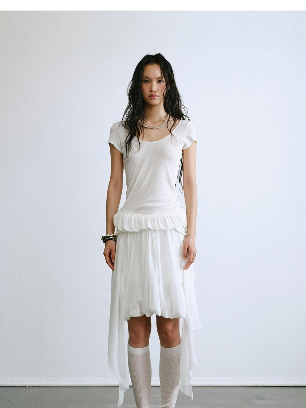 ENDO PER SE Ruched Hem Large U Neck Women's Washed Cotton Short Sleeve T-shirts