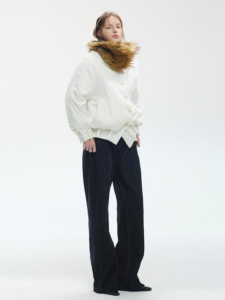 ENDO PER SE Ruched Pleated Loose Fit Lapel Collar Women's Puffer Jackets