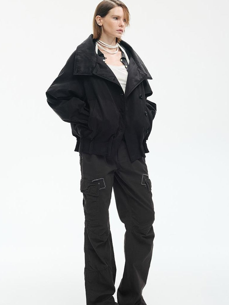 ENDO PER SE Ruched Pleated Loose Fit Lapel Collar Women's Puffer Jackets