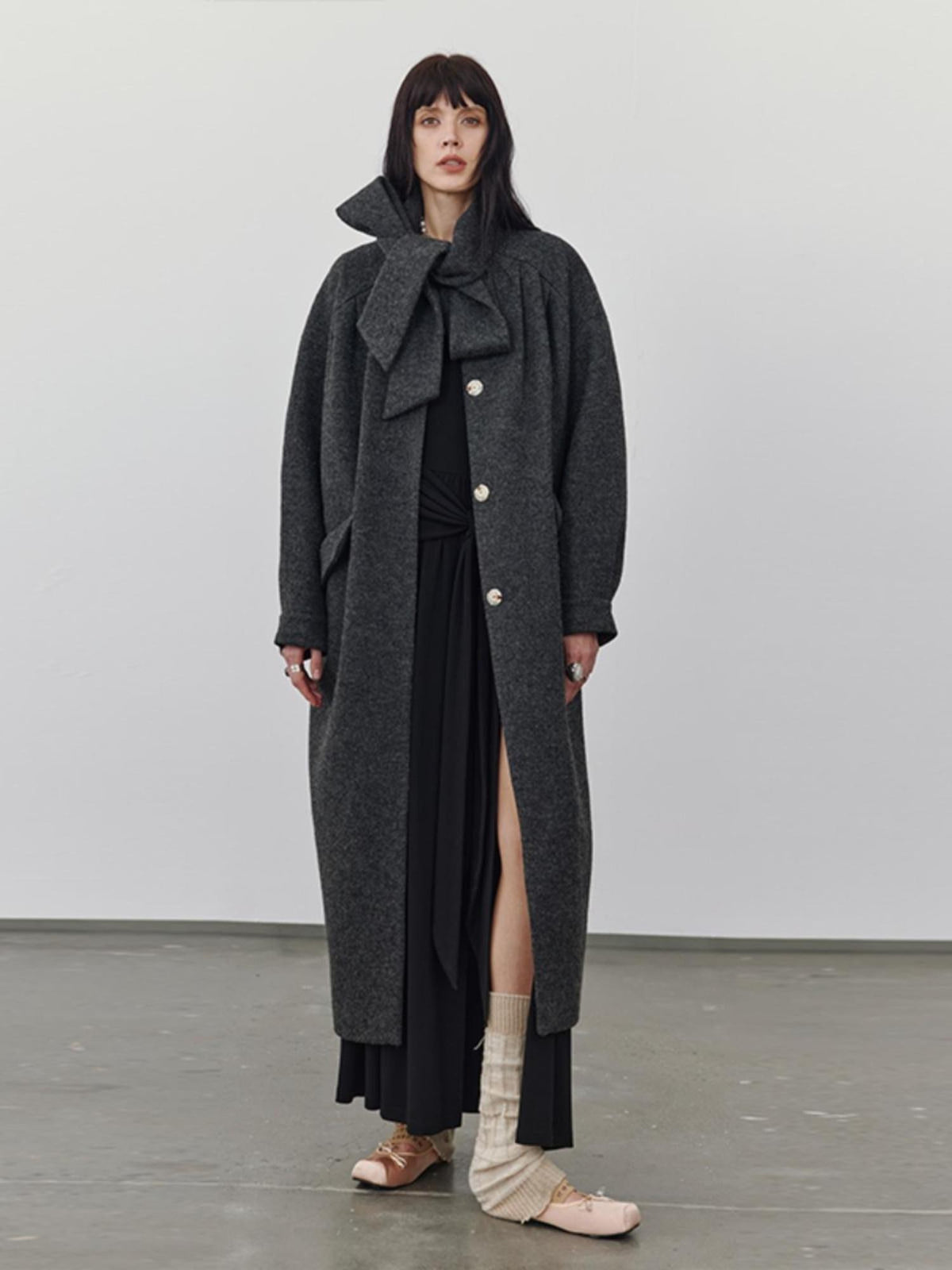 ENDO PER SE Ruched Scarf Collar Heavy Wool Women's Long Coats