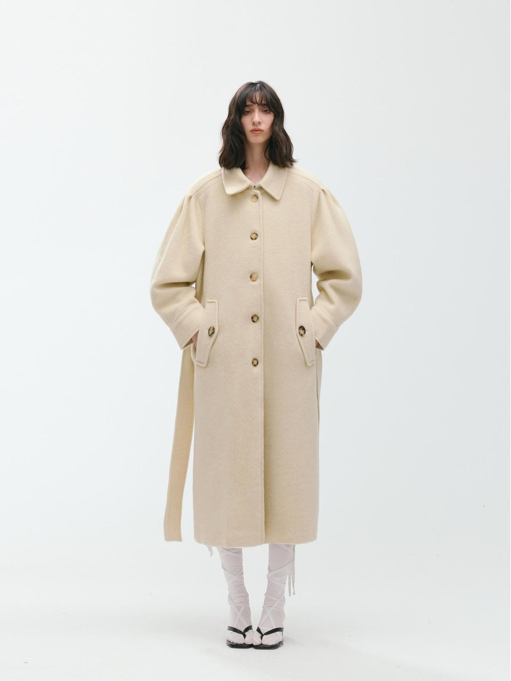 ENDO PER SE Sculpted Pleated Long Sleeve Wool Women's Trench Coats