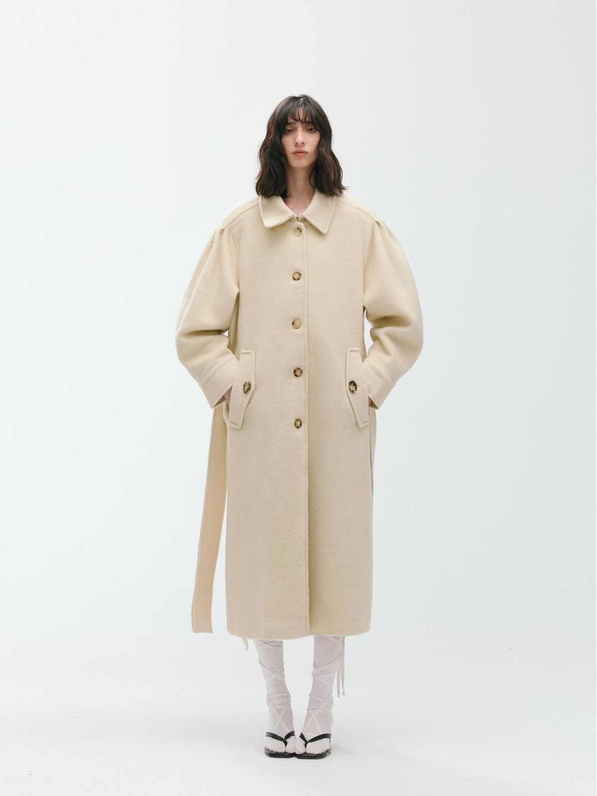 ENDO PER SE Sculpted Pleated Long Sleeve Wool Women's Trench Coats