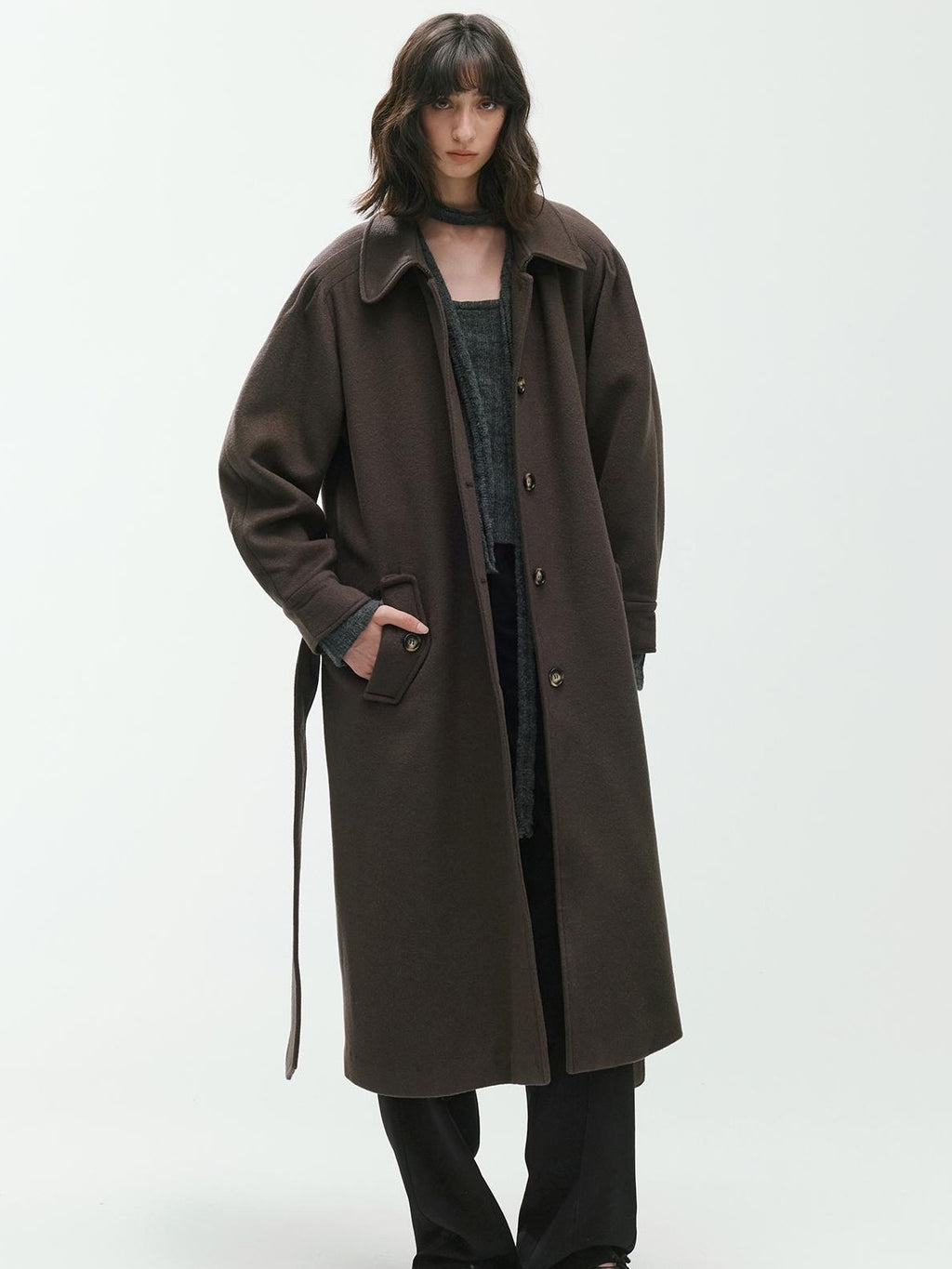 ENDO PER SE Sculpted Pleated Long Sleeve Wool Women's Trench Coats