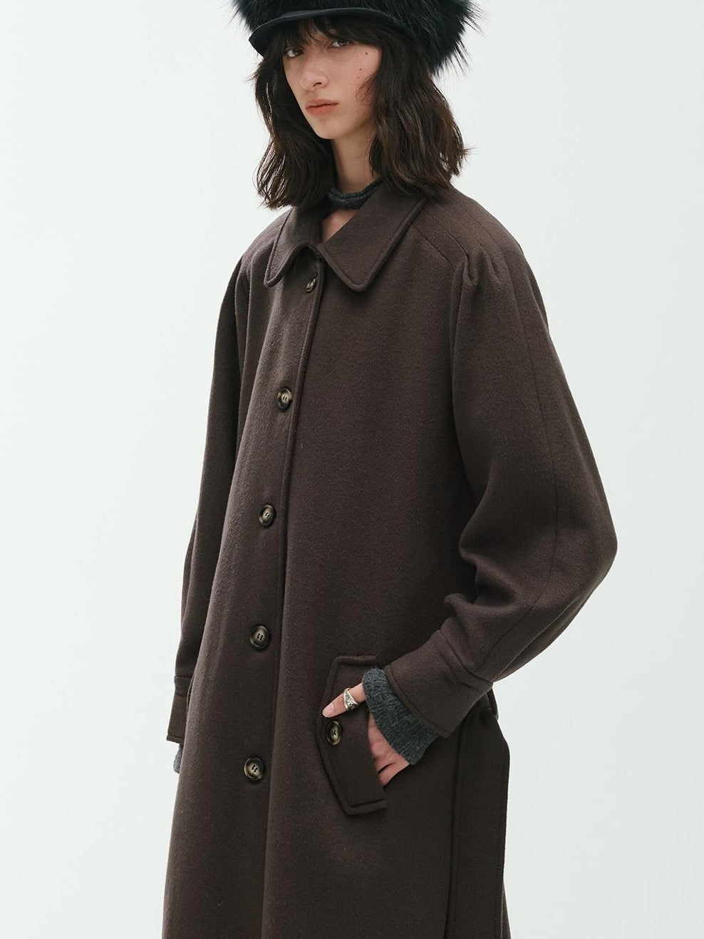 ENDO PER SE Sculpted Pleated Long Sleeve Wool Women's Trench Coats