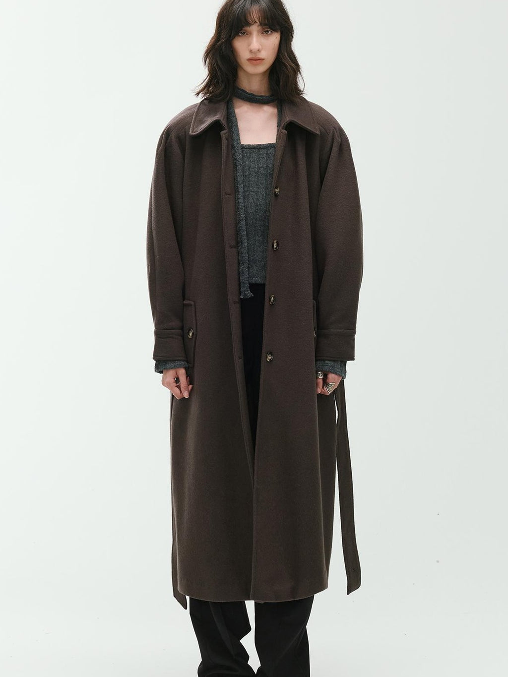 ENDO PER SE Sculpted Pleated Long Sleeve Wool Women's Trench Coats