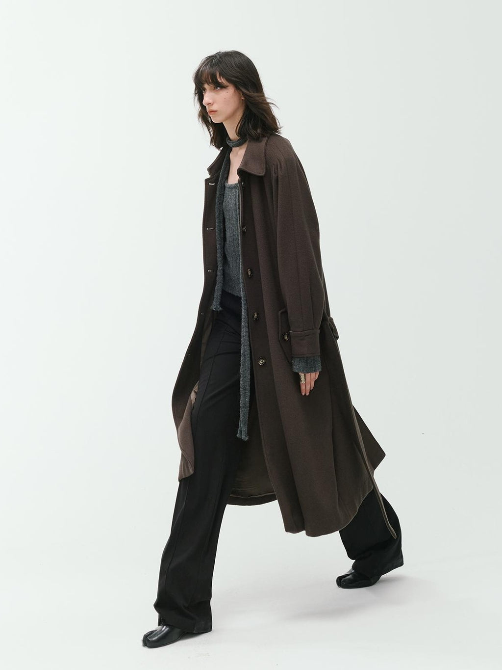 ENDO PER SE Sculpted Pleated Long Sleeve Wool Women's Trench Coats