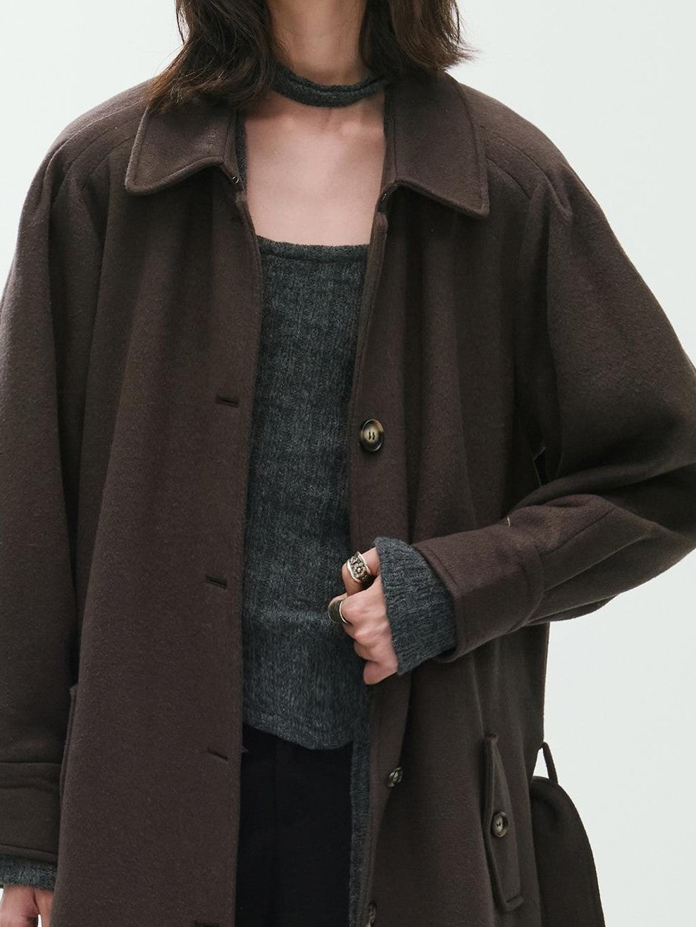 ENDO PER SE Sculpted Pleated Long Sleeve Wool Women's Trench Coats