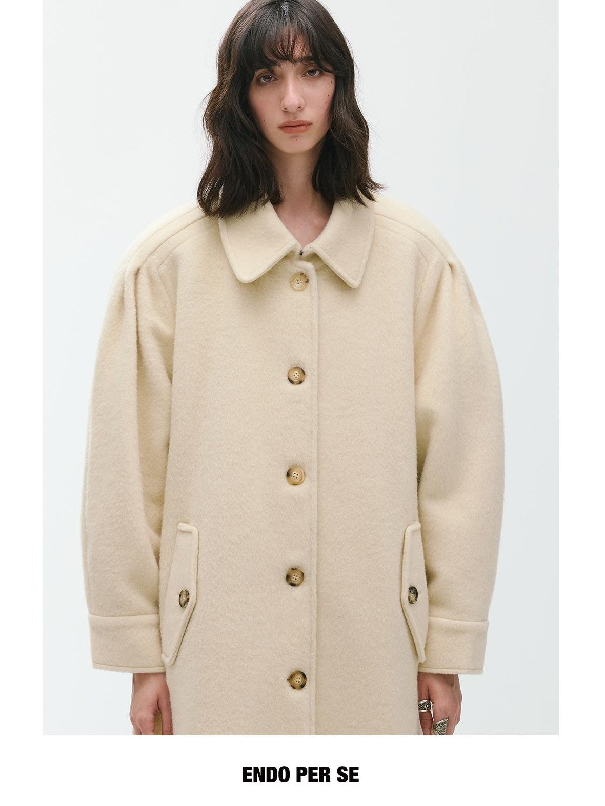ENDO PER SE Sculpted Pleated Long Sleeve Wool Women's Trench Coats