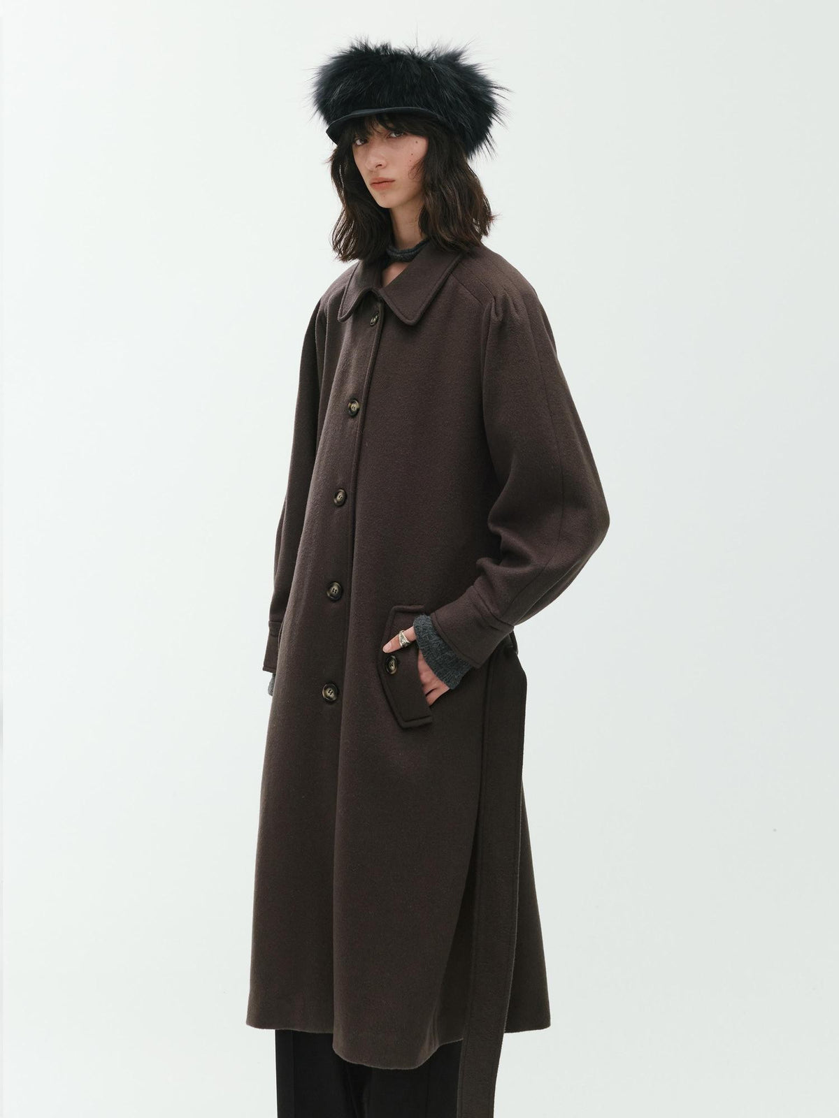 ENDO PER SE Sculpted Pleated Long Sleeve Wool Women's Trench Coats