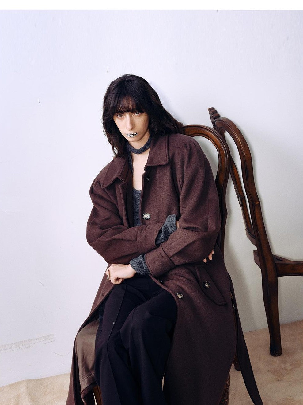 ENDO PER SE Sculpted Pleated Long Sleeve Wool Women's Trench Coats