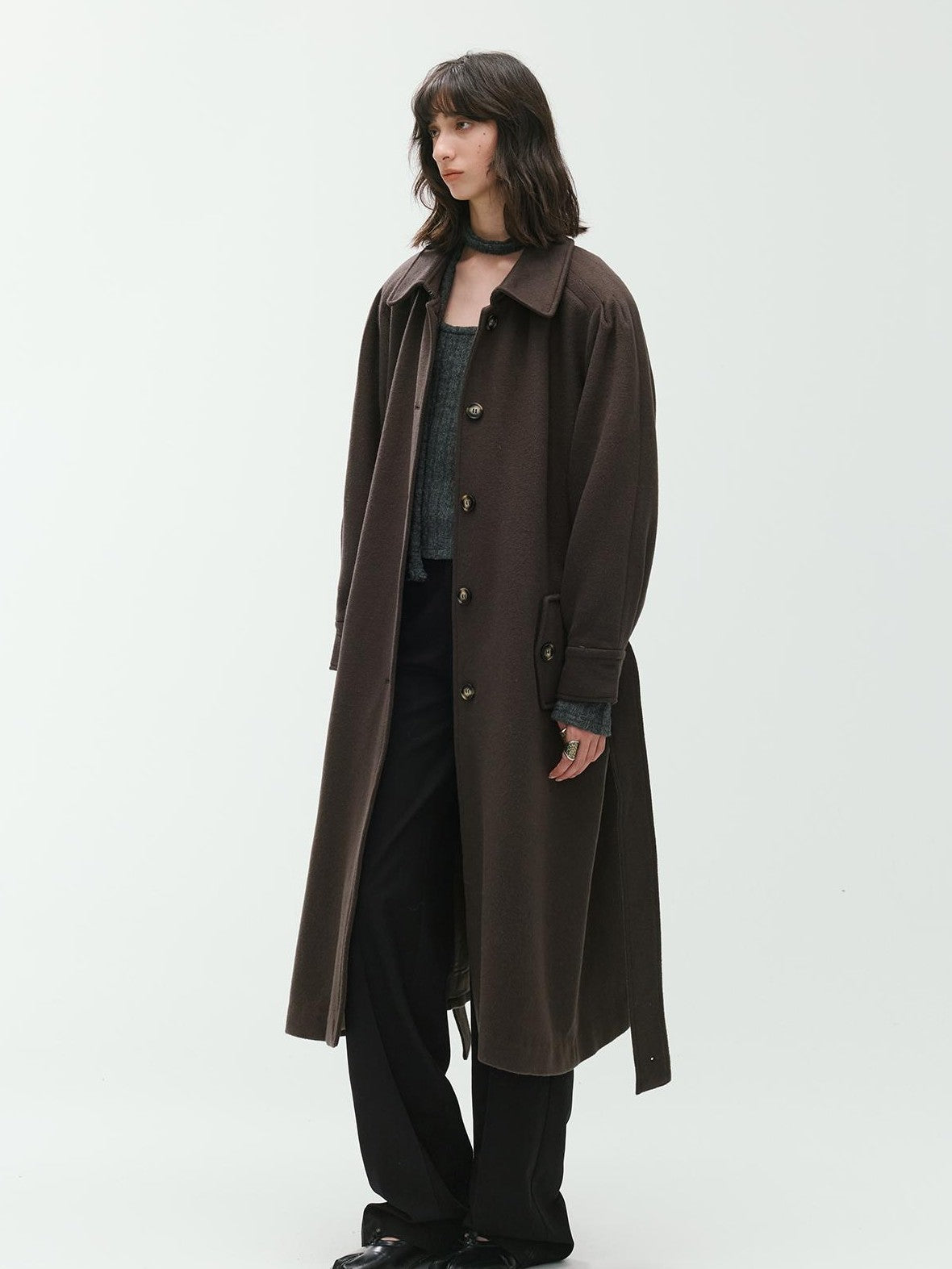 ENDO PER SE Sculpted Pleated Long Sleeve Wool Women's Trench Coats