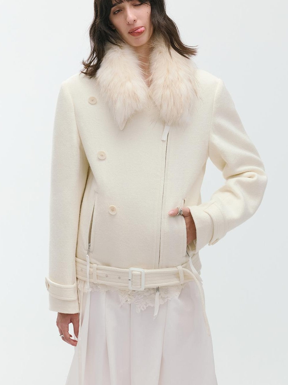 ENDO PER SE Sculpted Zip Moto Minimalist Wool Women's Short Coats