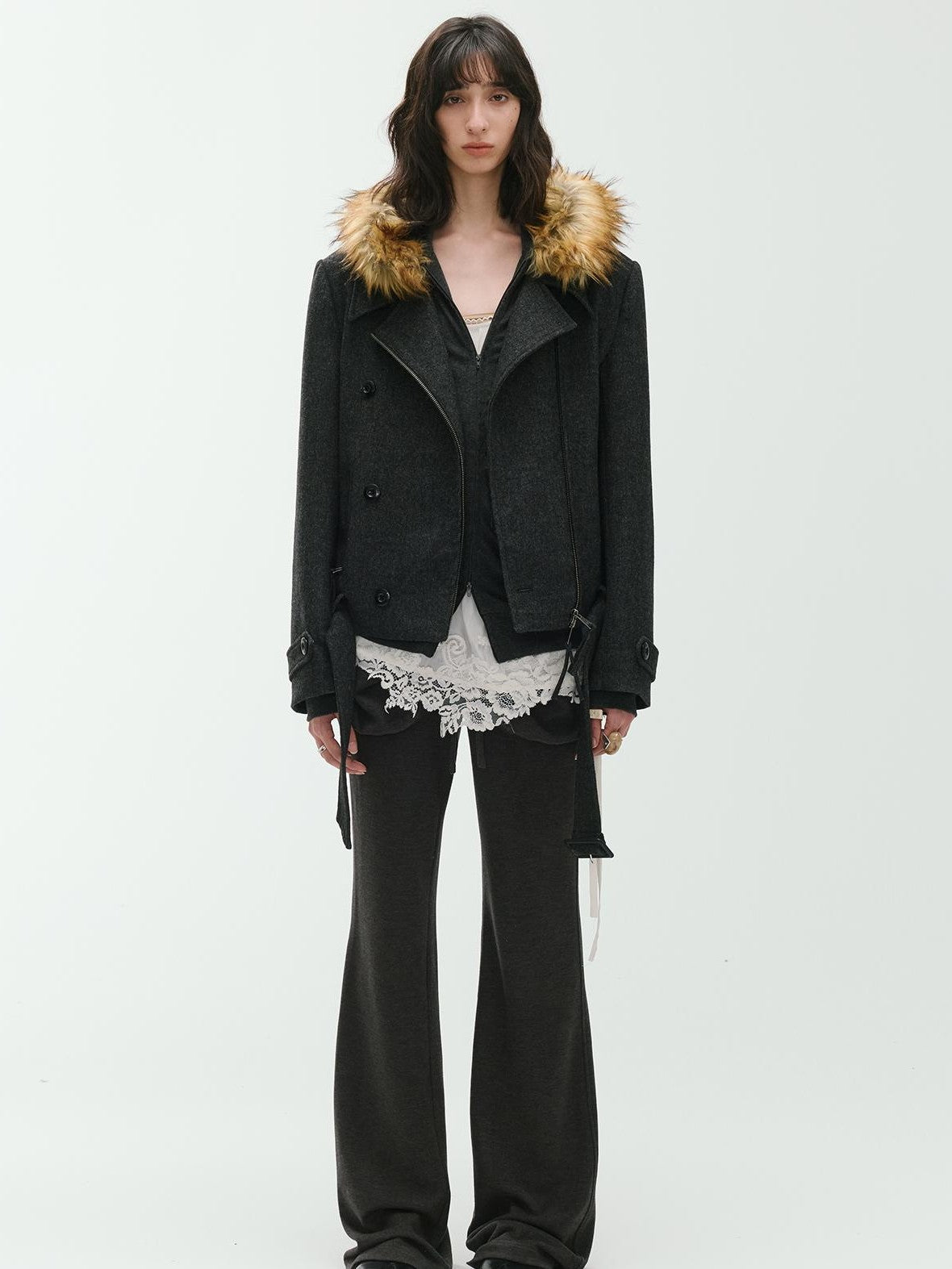 ENDO PER SE Sculpted Zip Moto Minimalist Wool Women's Short Coats