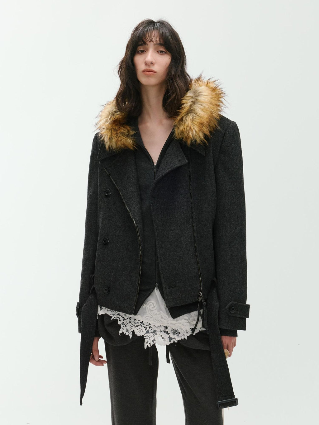 ENDO PER SE Sculpted Zip Moto Minimalist Wool Women's Short Coats