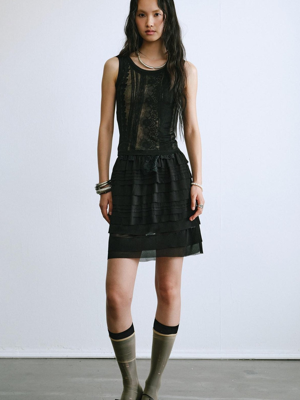 ENDO PER SE Sheer Lace Inset Faux Two Piece Floral Women's Polyester Mesh Tank Tops