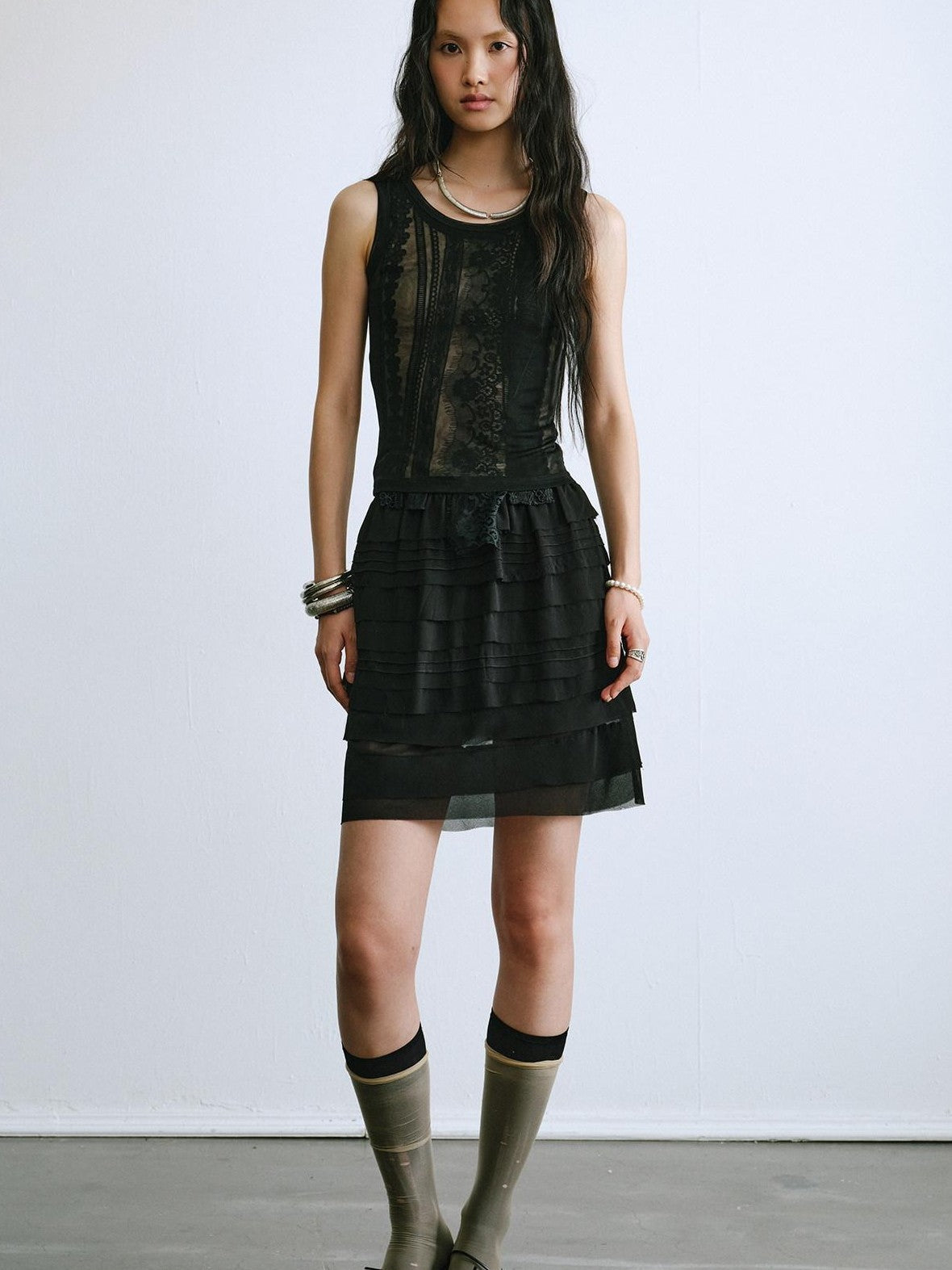 ENDO PER SE Sheer Lace Inset Faux Two Piece Floral Women's Polyester Mesh Tank Tops