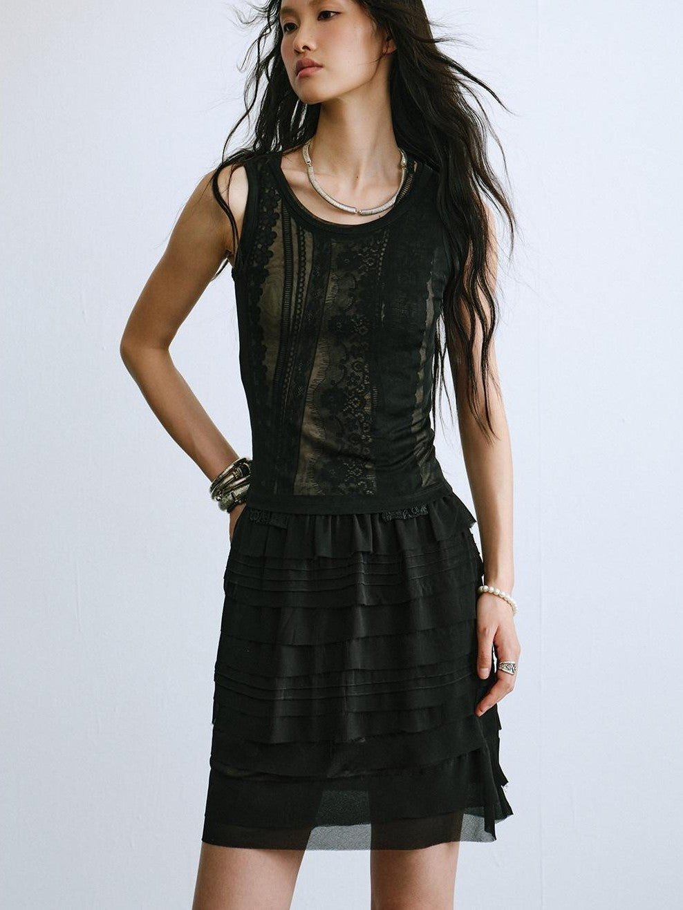 ENDO PER SE Sheer Lace Inset Faux Two Piece Floral Women's Polyester Mesh Tank Tops