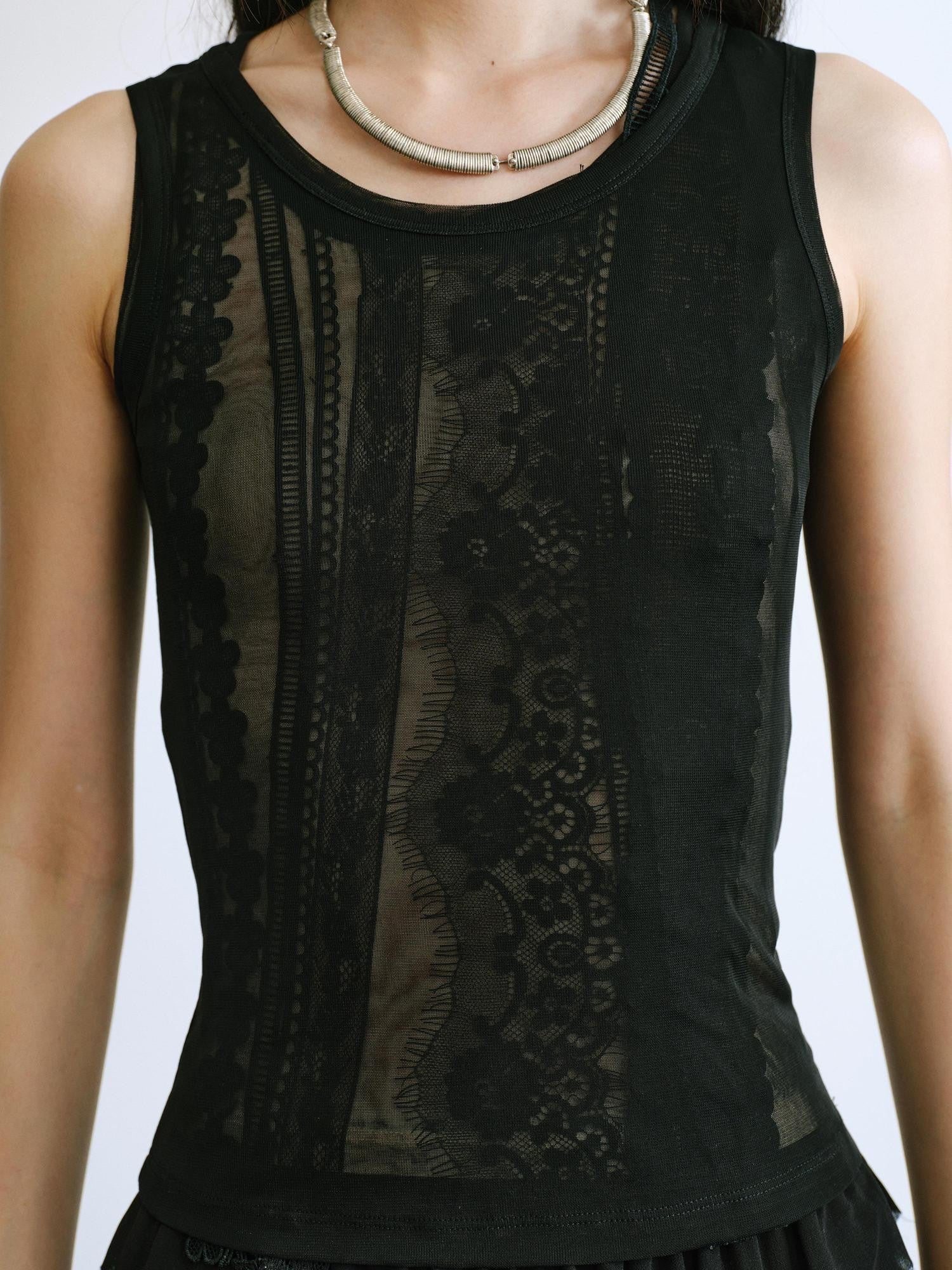 ENDO PER SE Sheer Lace Inset Faux Two Piece Floral Women's Polyester Mesh Tank Tops