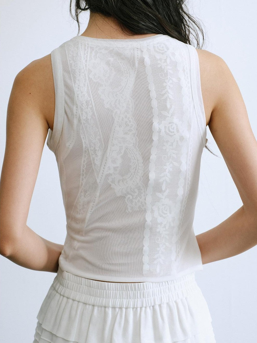 ENDO PER SE Sheer Lace Inset Faux Two Piece Floral Women's Polyester Mesh Tank Tops