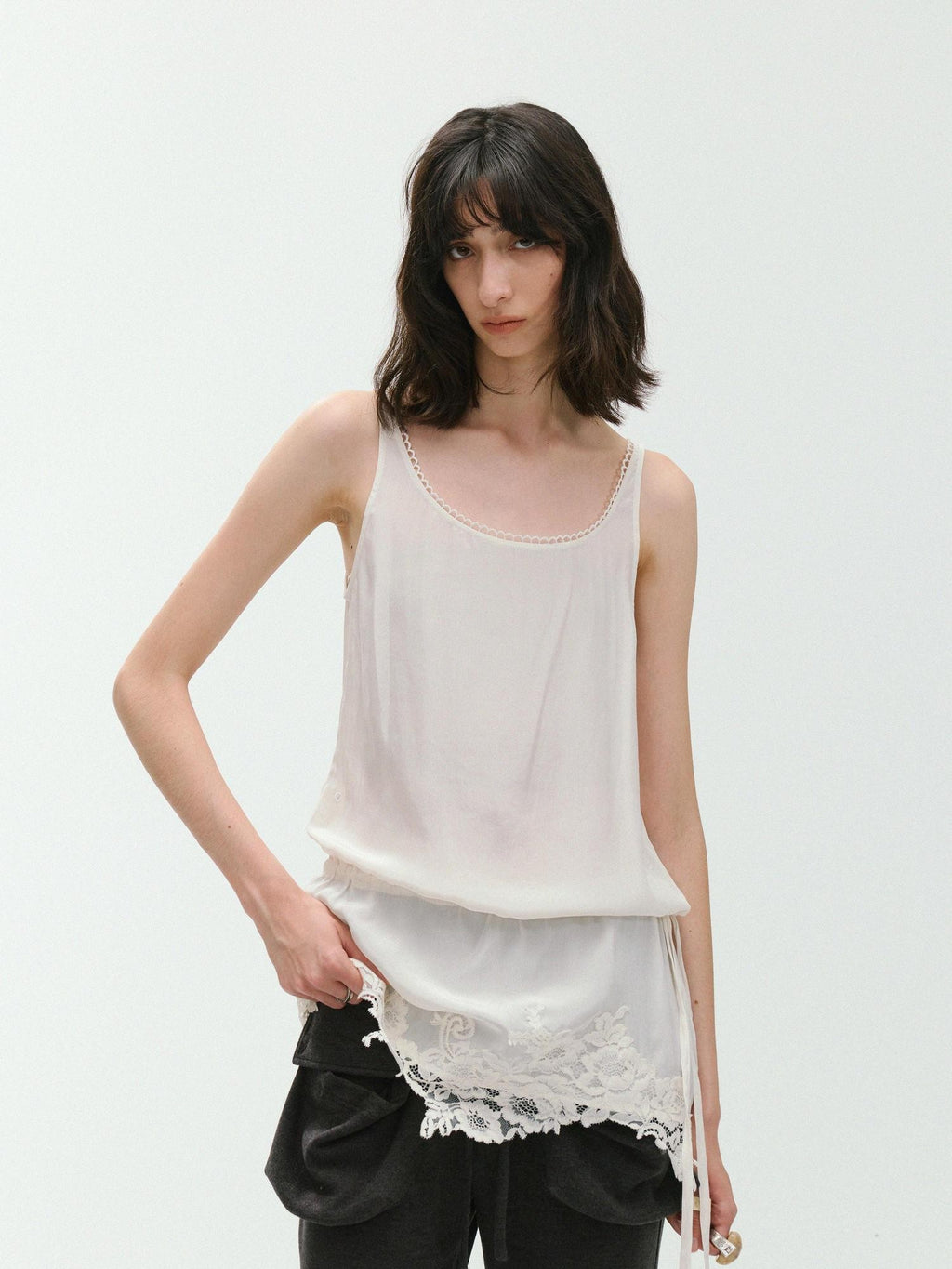 ENDO PER SE Sheer Lace Trim Drawstring Women's Polyester Slip Mini Dresses
