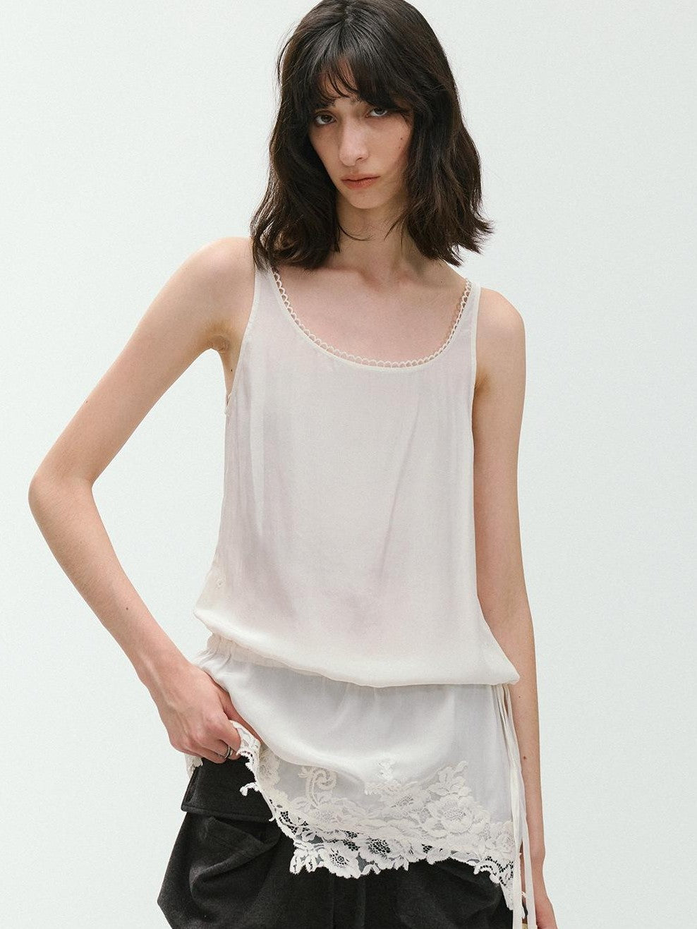 ENDO PER SE Sheer Lace Trim Drawstring Women's Polyester Slip Mini Dresses