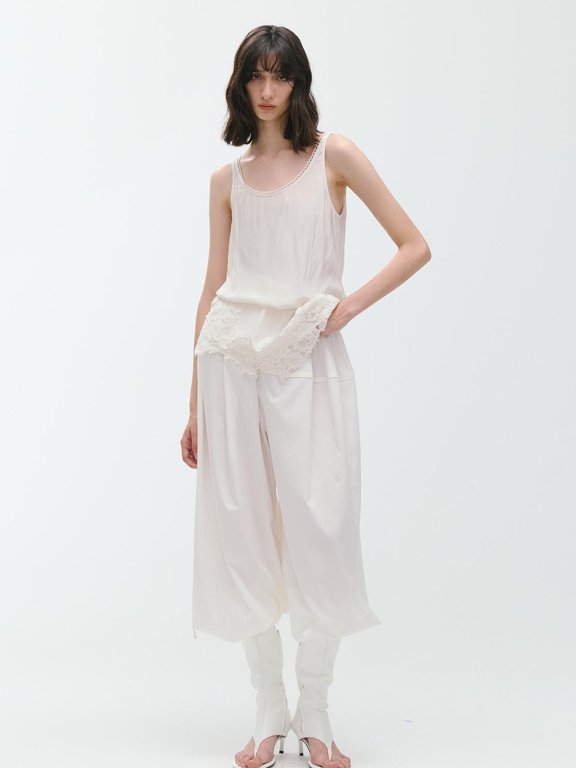 ENDO PER SE Sheer Lace Trim Drawstring Women's Polyester Slip Mini Dresses