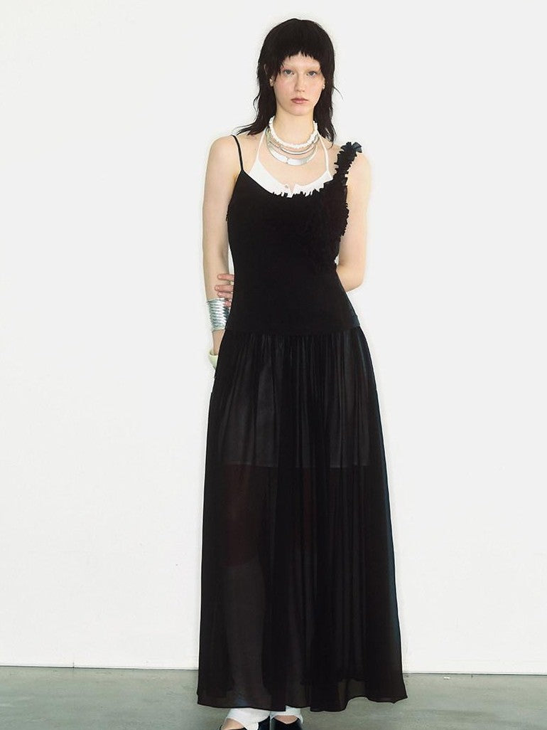 ENDO PER SE Sheer Tulle Lace Pleated Low Waist Women's Lyocell Blend Slip Maxi Dresses